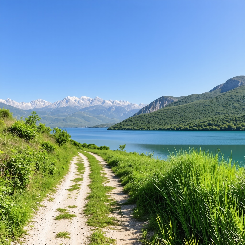 Panoramic view of Lake Skadar and Adriatic Sea from mountain trail near Bar, Montenegro
