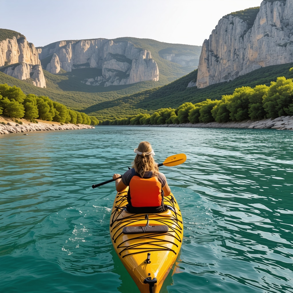 Kayakers on Cetina river with mountains and Adriatic sea in the background at sunset