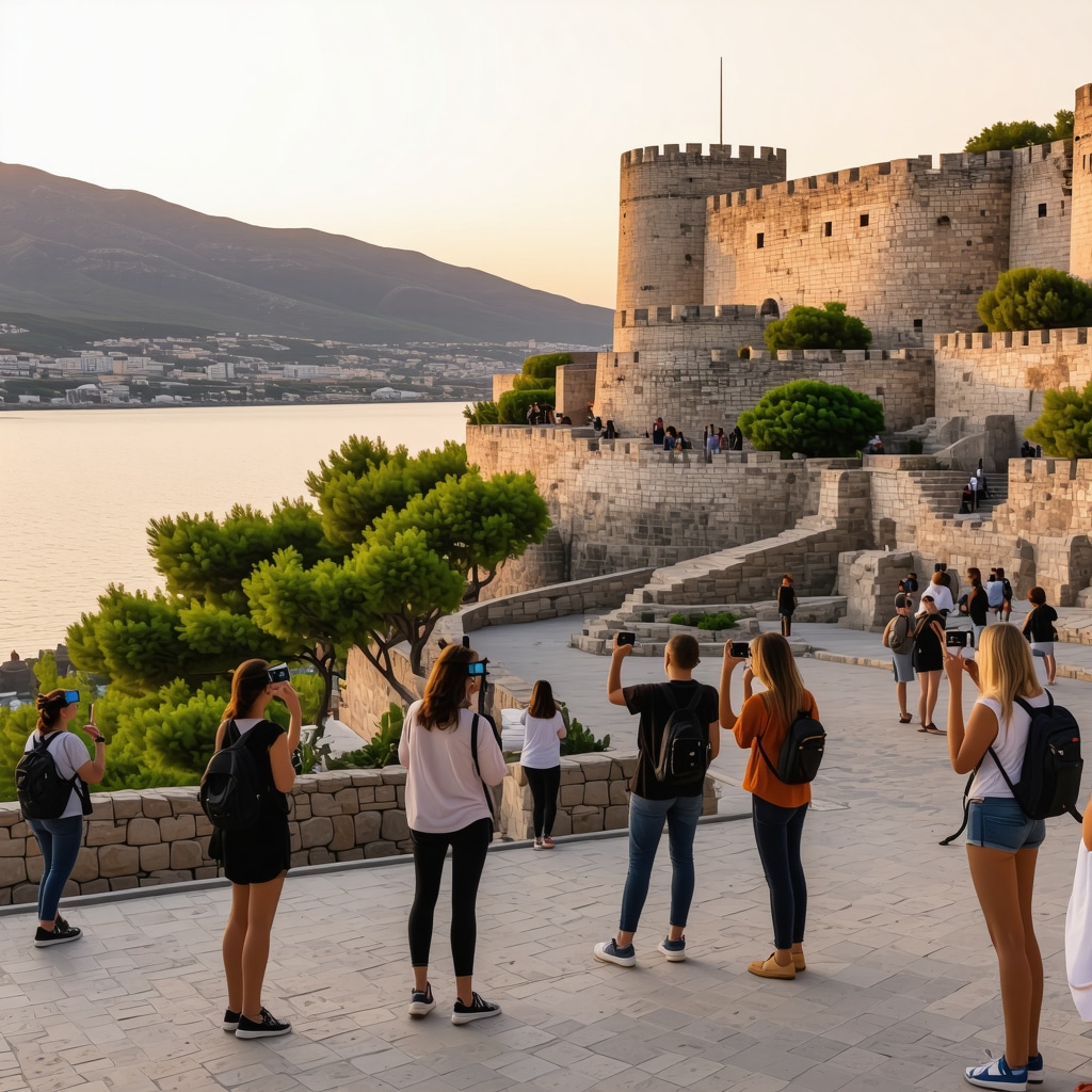 Tourists using augmented reality devices at Palamidi fortress in Nafplio during sunset