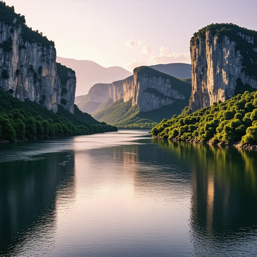 Sunset view of Danube Gorge with cliffs and river