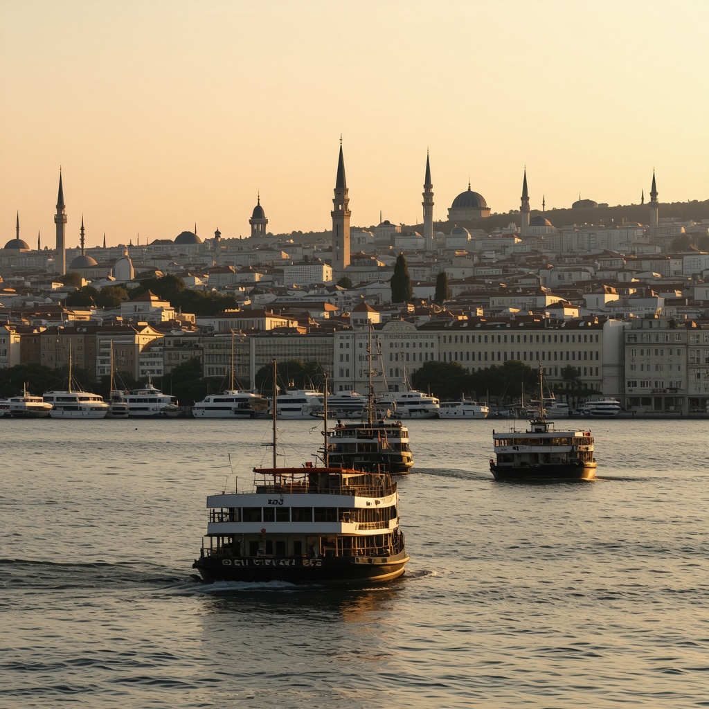 Panoramic view of Istanbul cityscape at sunset with ferry boats on the Bosphorus