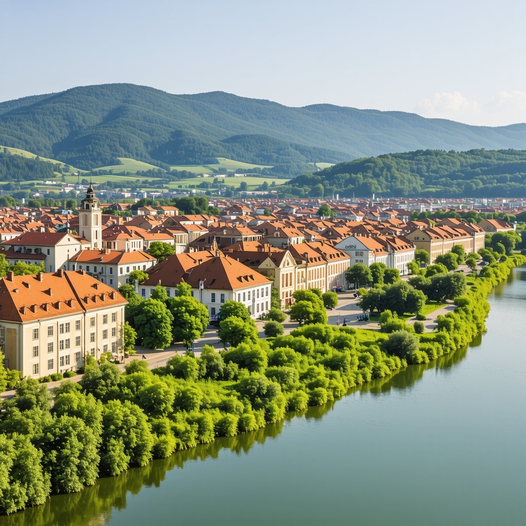 Banja Luka cityscape with historic buildings and Vrbas river surrounded by greenery