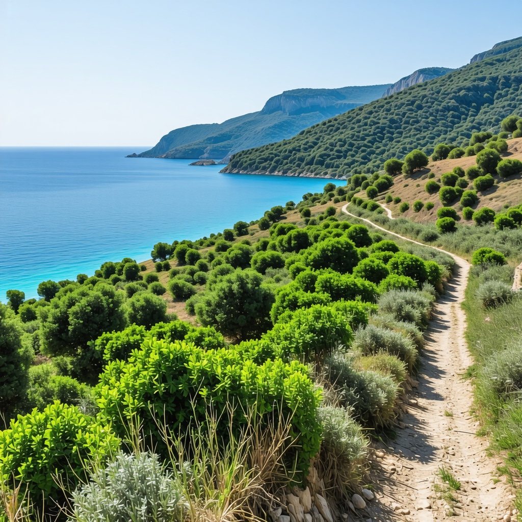 Panoramic view of the Albanian Adriatic coastline near Durres with hiking trails and traditional villages