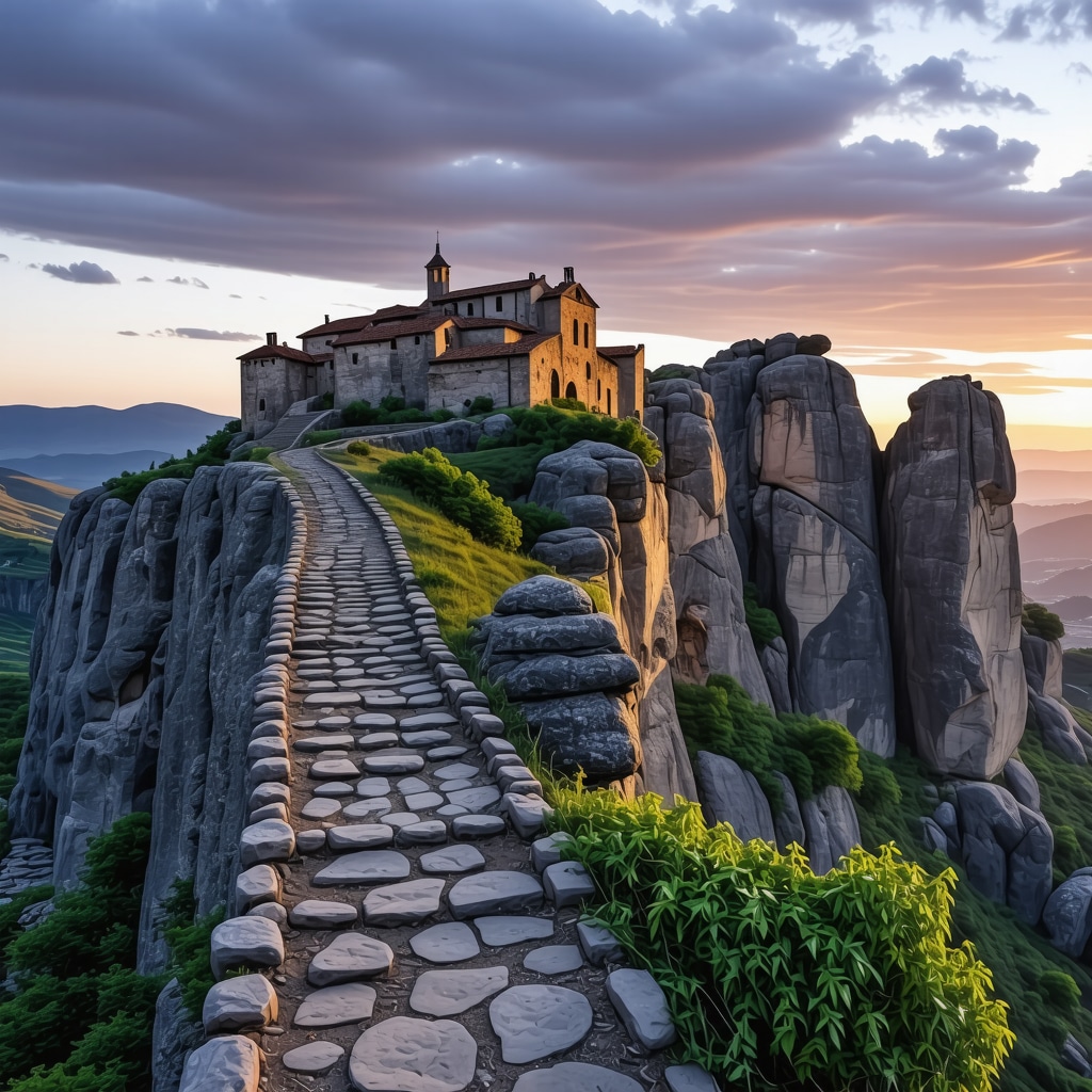 Panoramic view of winding hiking trails and monasteries atop sandstone cliffs in Meteora at sunrise