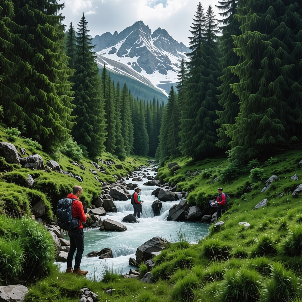 Mountain spring at Izvorul Bosniei with hikers and eco-friendly camping illustrating sustainable tourism and environmental monitoring