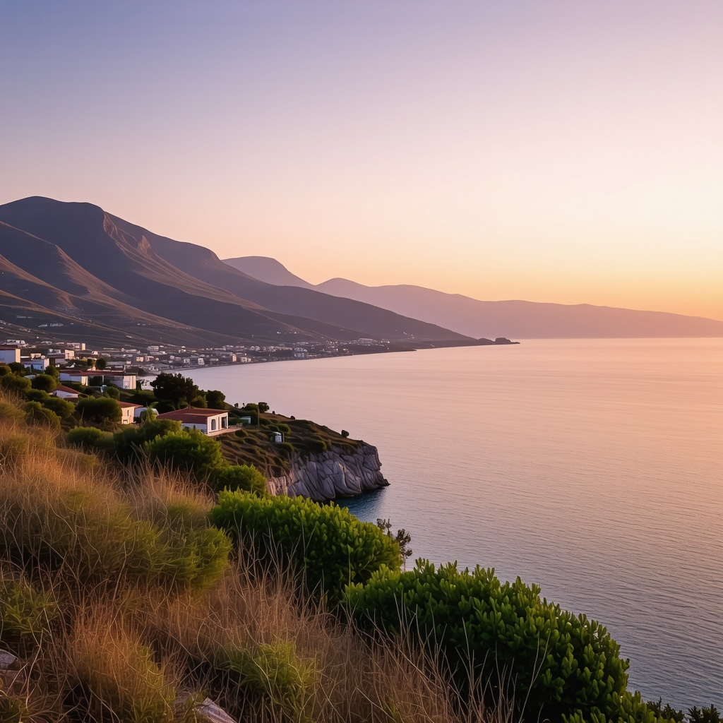 Vlorë coastline with mountains and traditional Albanian village at sunset