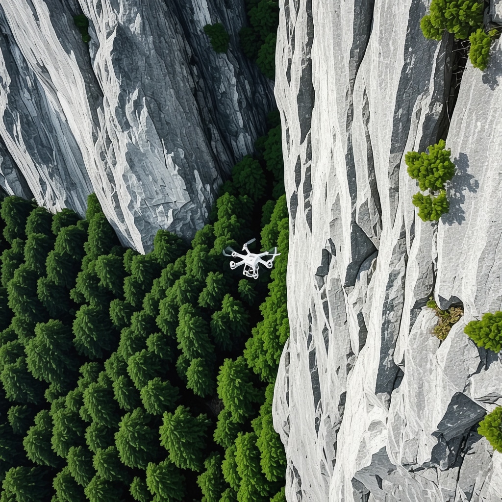 Aerial image of Rugova Canyon featuring cliffs, forest, and drones used for ecological monitoring