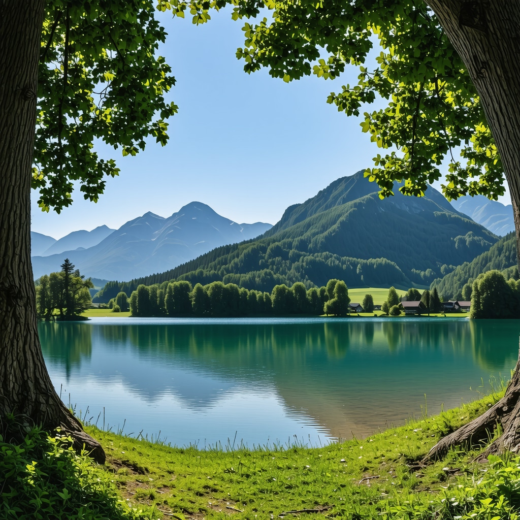 Scenic view of Julian Alps near Lake Bled featuring hiking paths, farms, and clear lake water
