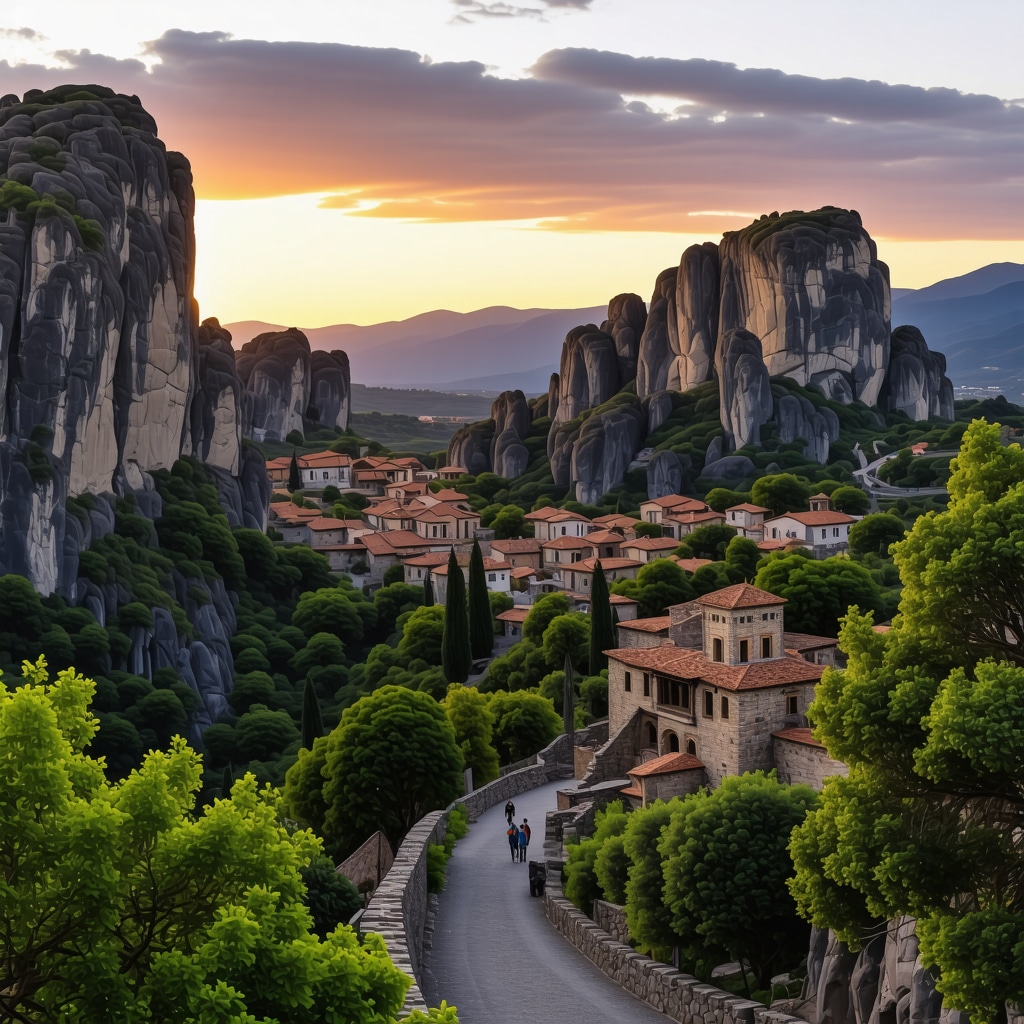 Sunrise over Meteora rock formations and ancient monasteries in Greece