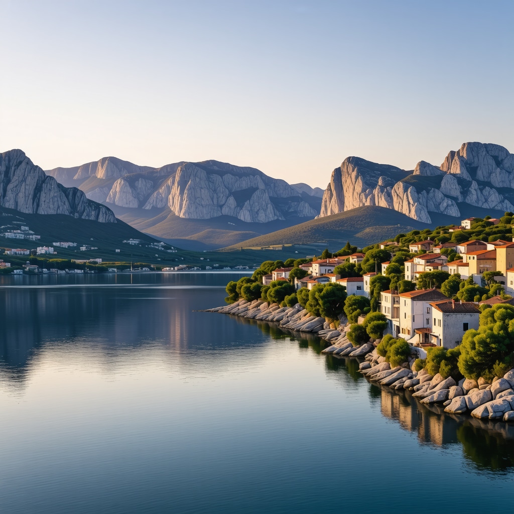 Sunset panorama of Omiš town showing Cetina river flowing between mountains towards the Adriatic Sea