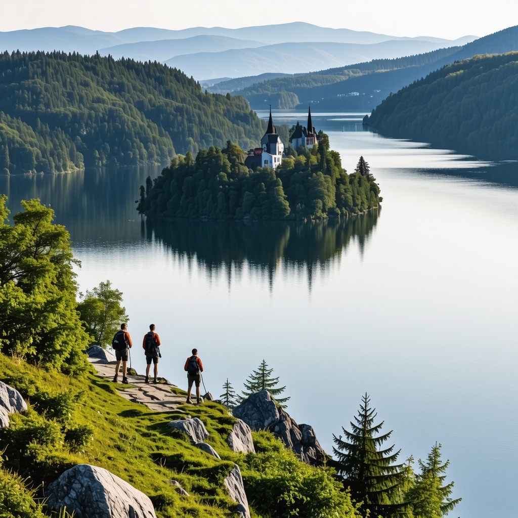 Hikers enjoying panoramic sunrise view from Ojstrica cliff over Lake Bled and its island