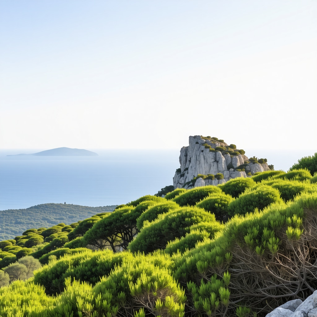 Panoramic landscape showing the peak of Vidova Gora with Mediterranean flora and Adriatic Sea