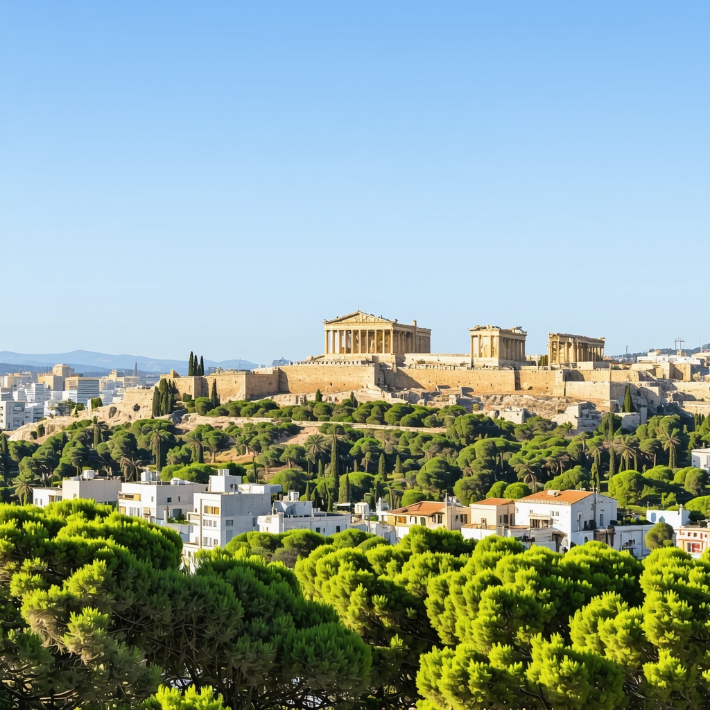 Athens cityscape with ancient Acropolis ruins alongside contemporary sustainable buildings and greenery