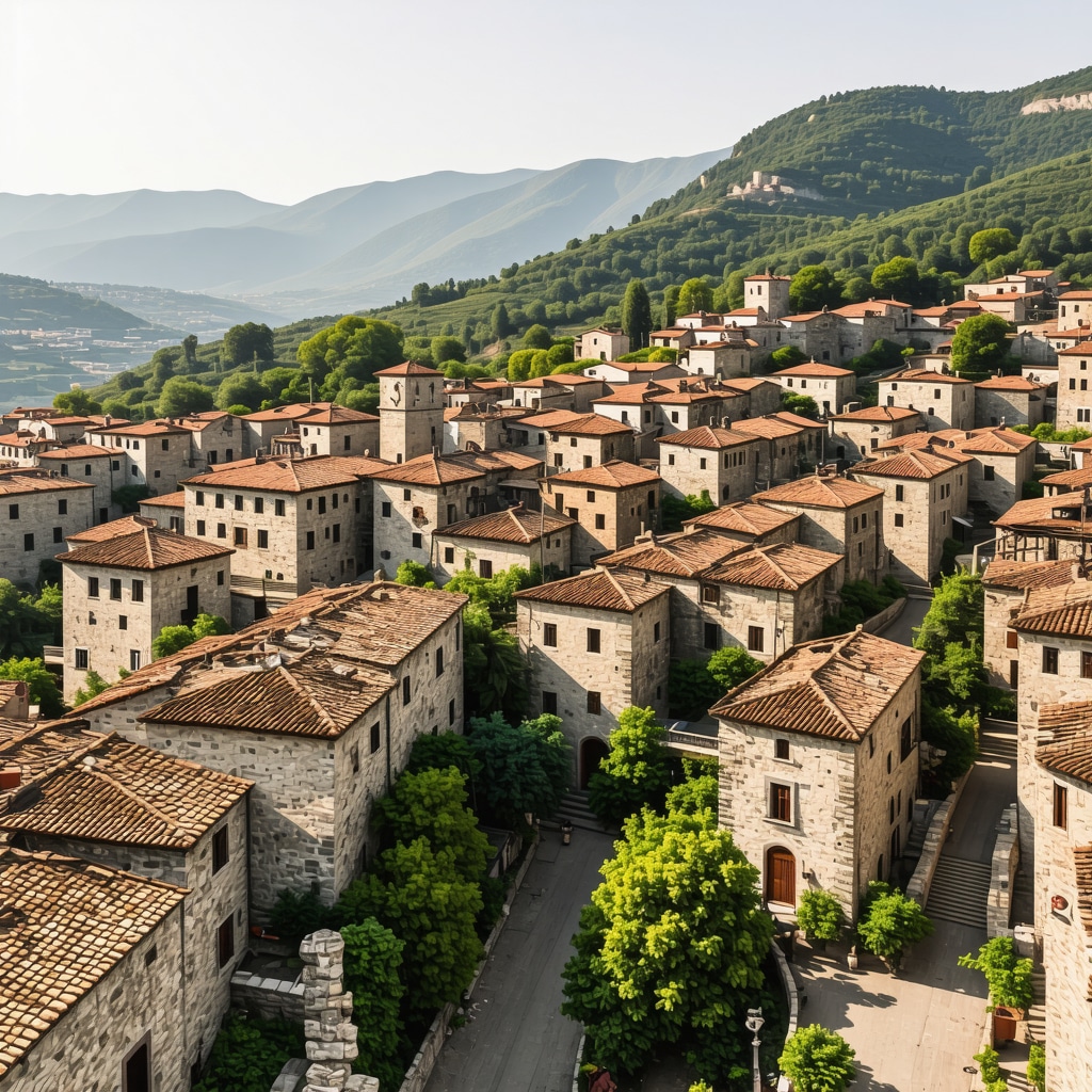 Aerial panoramic image of Berat city with traditional Ottoman houses and hills