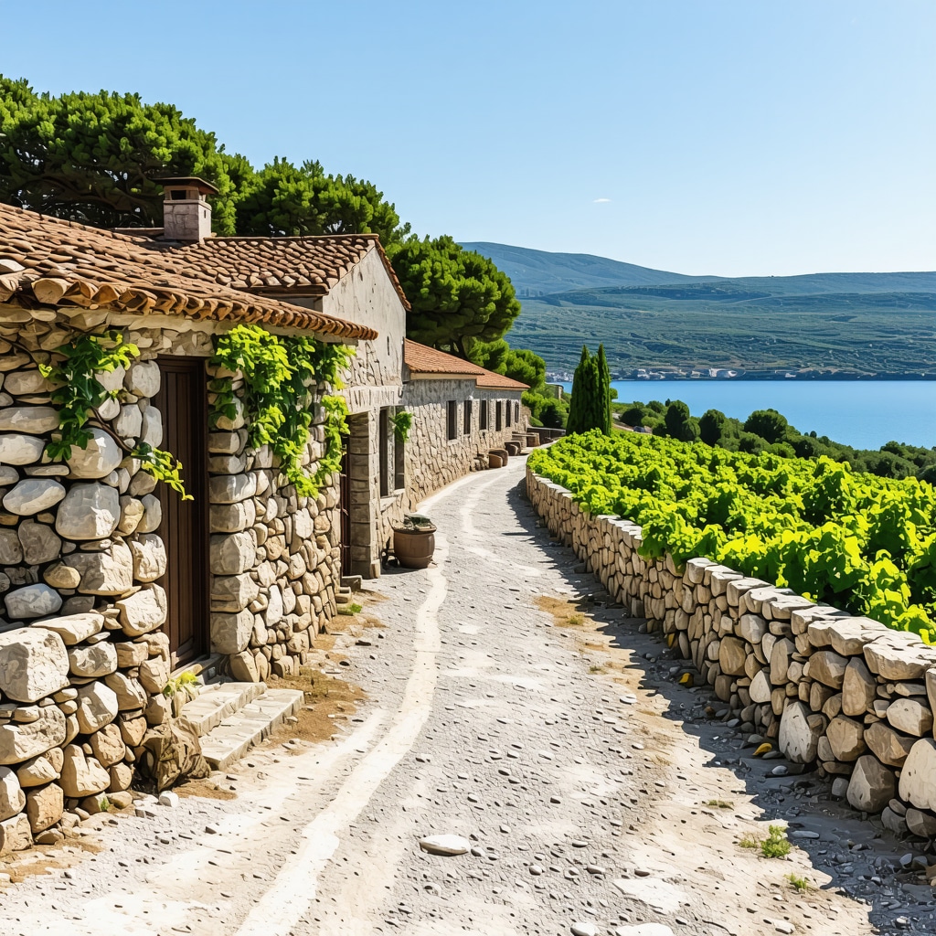 A panoramic landscape of Brač island featuring stone craft workshops, vineyards, solar panels, and Adriatic coastline