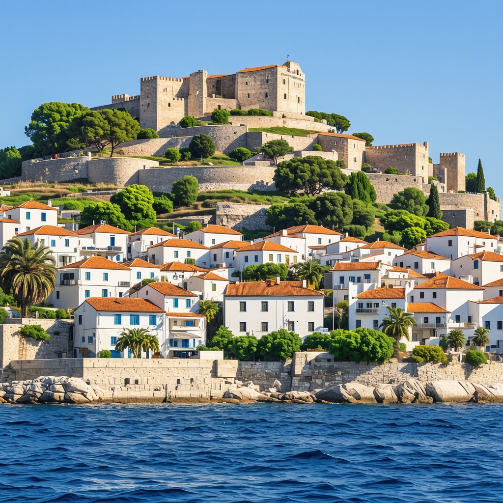 Panoramic view of Kavala old town with Byzantine castle and Aegean Sea
