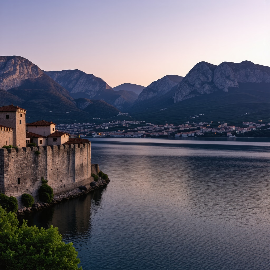 Panoramic view of Kotor Bay showing medieval stone walls, Adriatic sea, and surrounding mountains at sunset