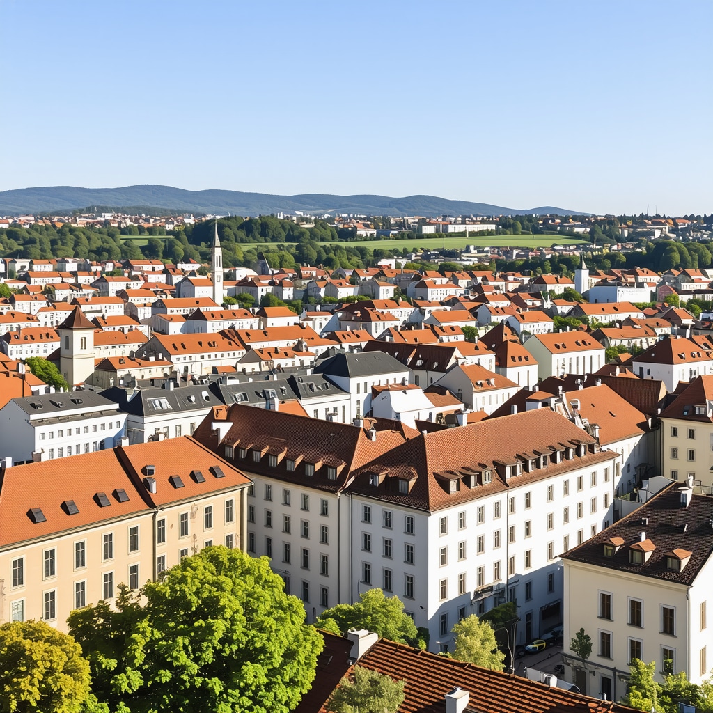 Ljubljana cityscape with historic buildings and modern green spaces