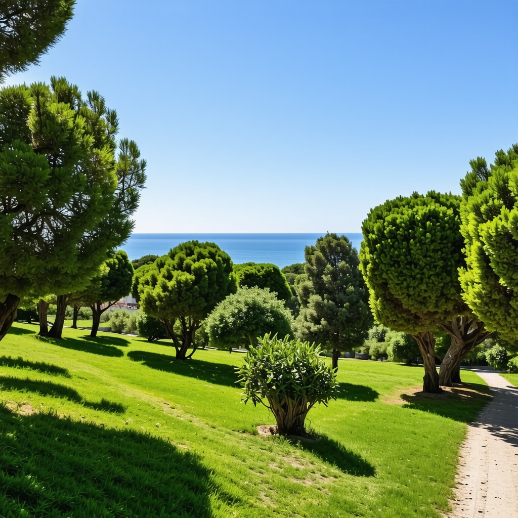 View of lush greenery and walking trails in Marjan Park with Adriatic Sea in background