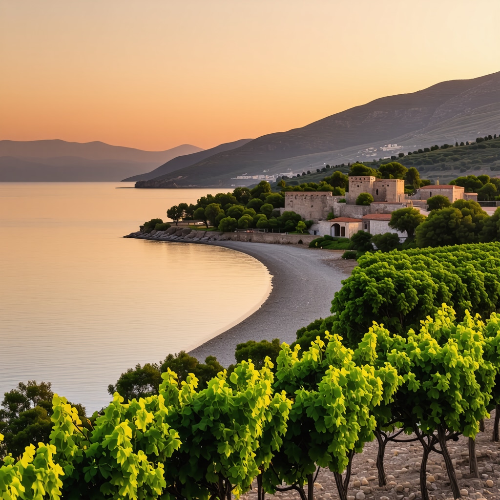Panorama showing Nafplio's secluded beaches, local vineyards, and ancient fortresses during sunset