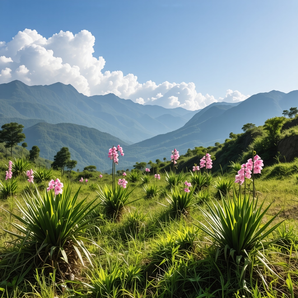 Scenic panoramic view of Pangeon Mountains with diverse plants and clear skies