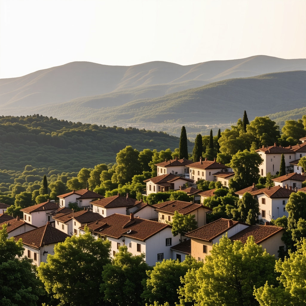 Historic district of Pljevlja with mountains at sunset