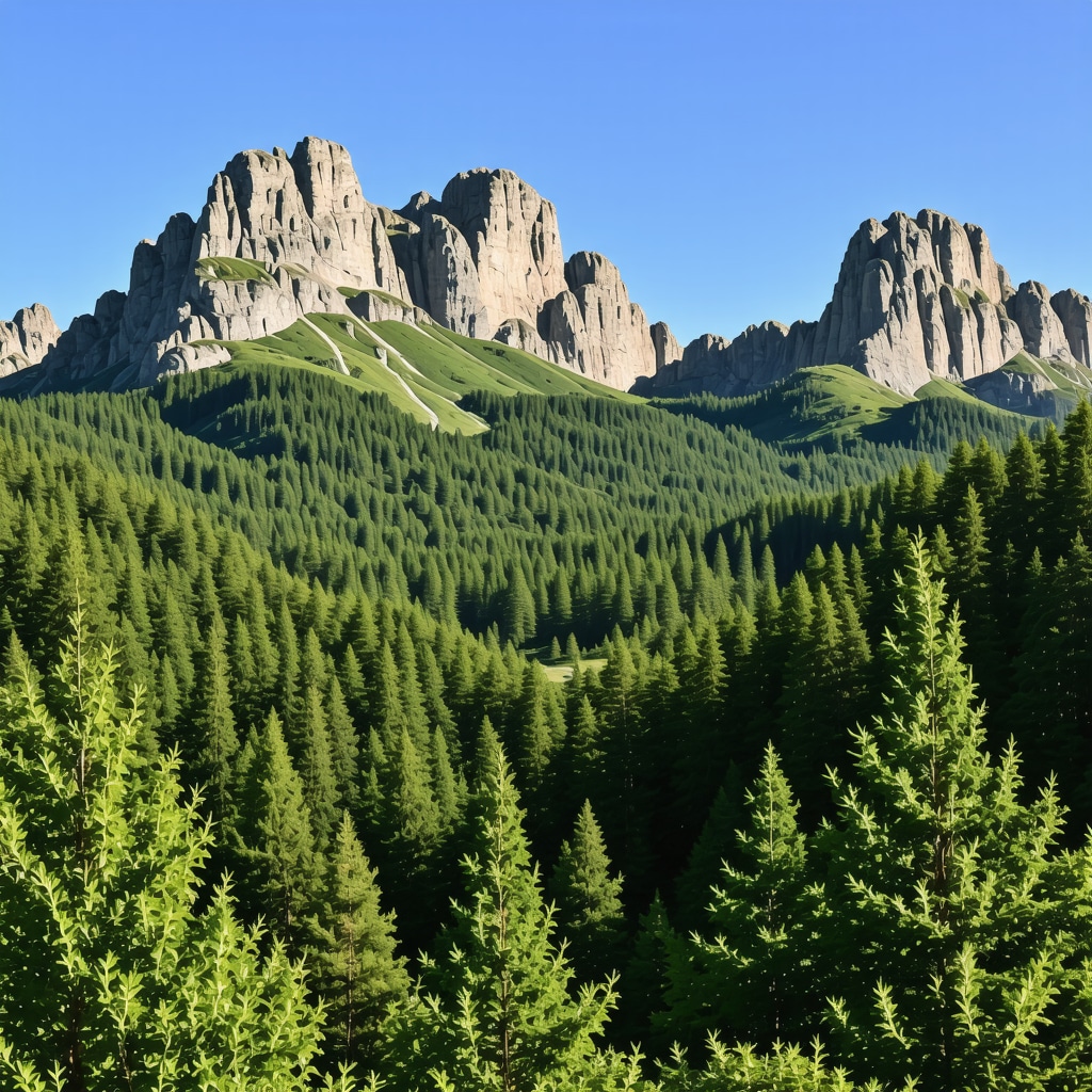 Panoramic landscape of Prokletije Mountains featuring limestone peaks and coniferous forests