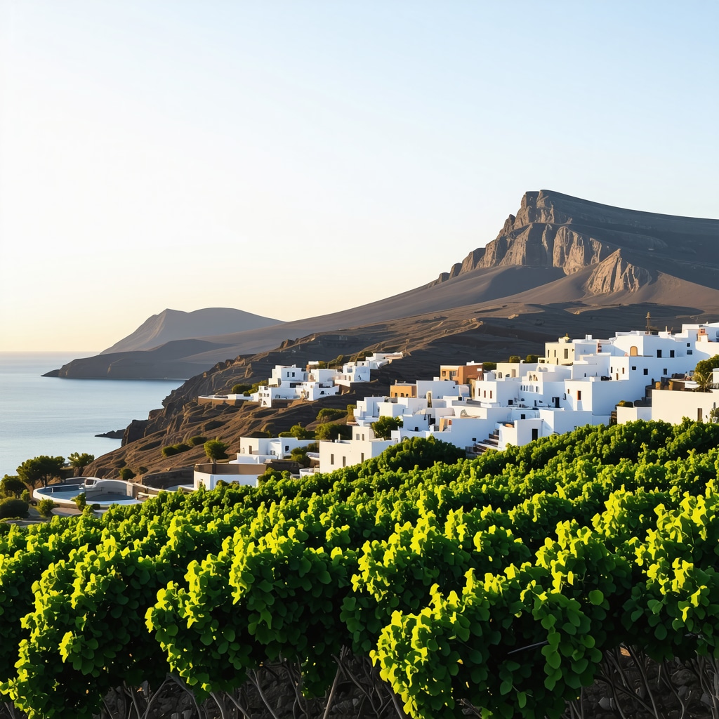 Santorini volcanic caldera with vineyards and traditional Greek village at sunset