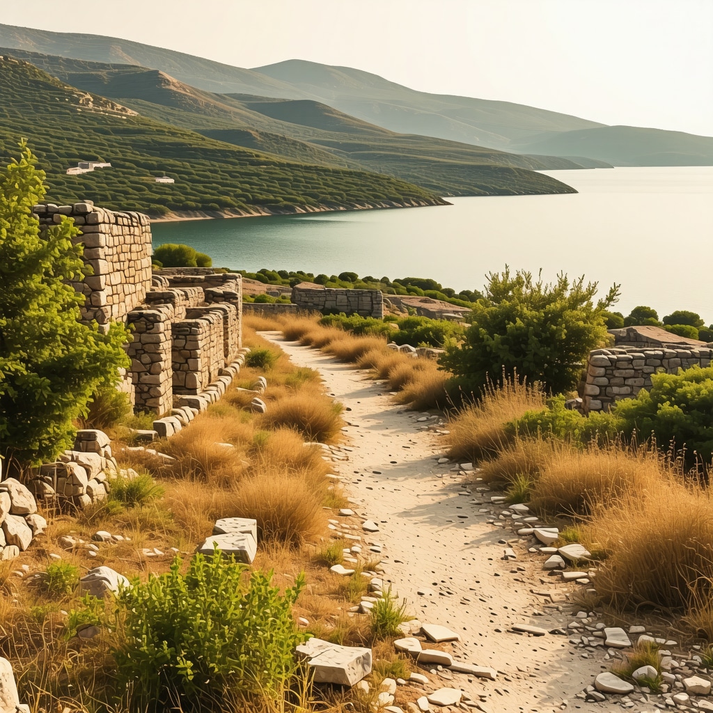 Panoramic image showing archaeological ruins and Mediterranean coastline in Saranda
