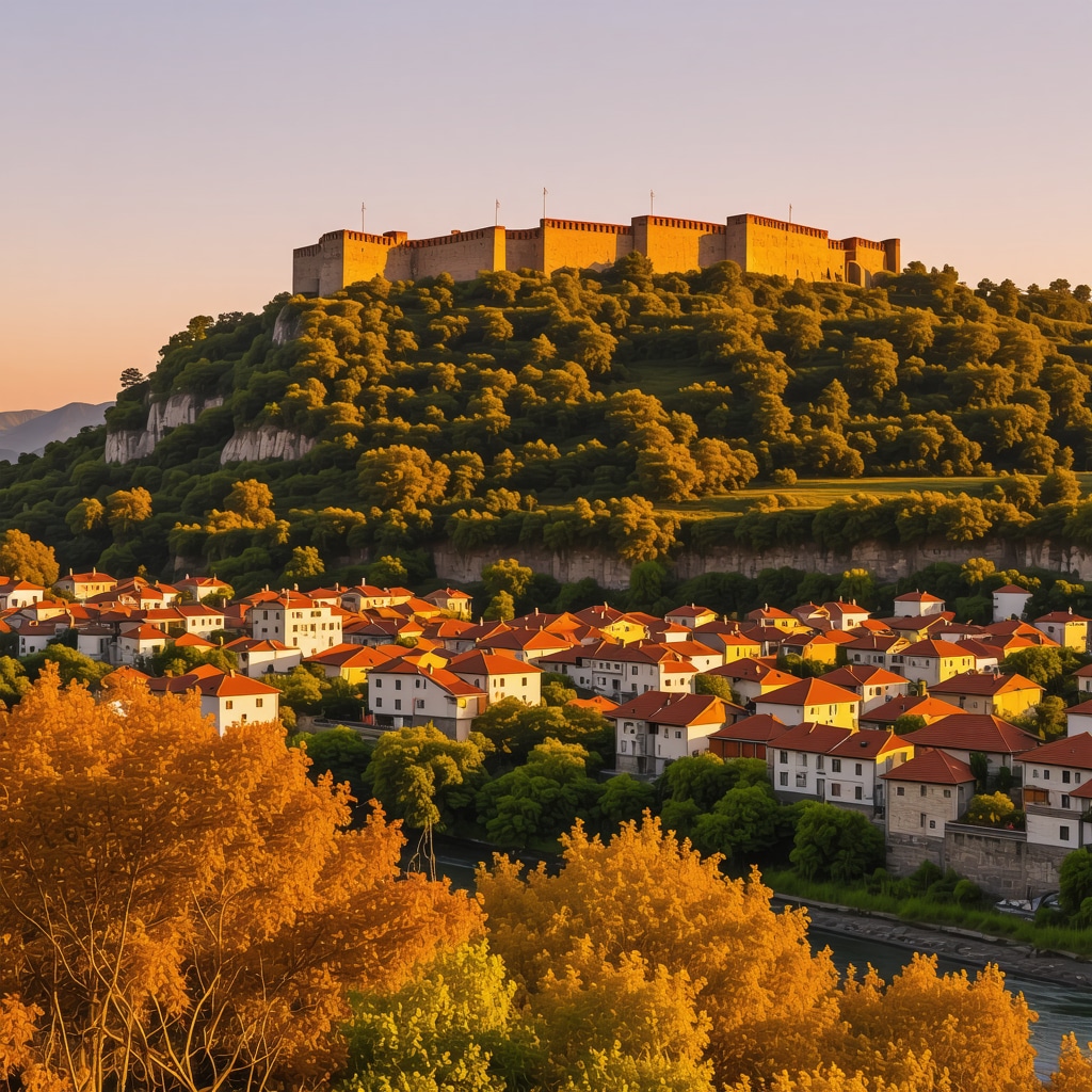 Panoramic sunset view of Veliko Tarnovo featuring Tsarevets Fortress, Yantra River, and traditional Bulgarian houses with autumn colors