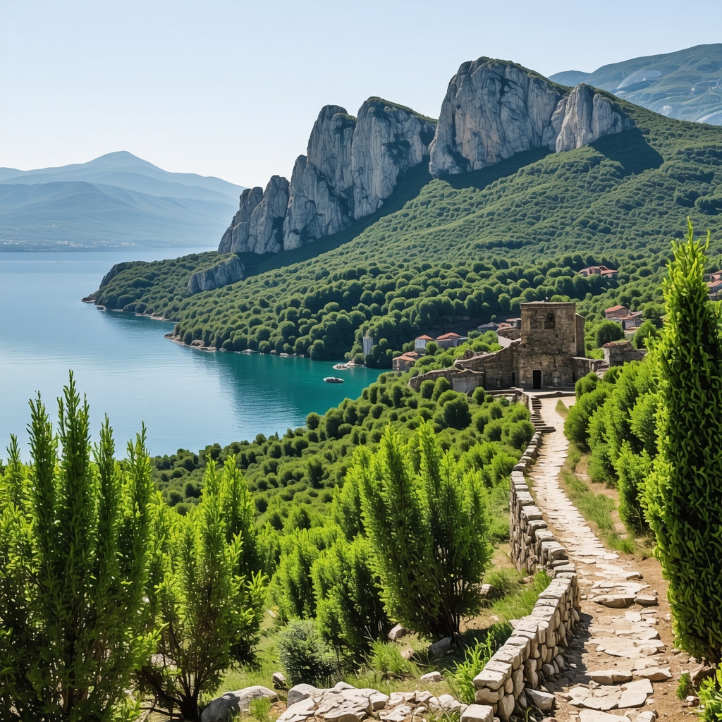 Panoramic landscape showing dense forest trails, Austro-Hungarian ruins, and Adriatic Sea near Kotor