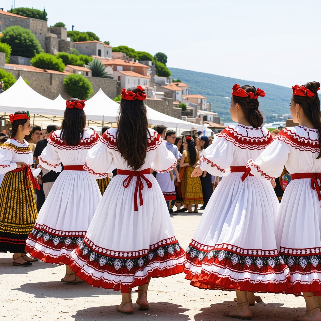Tourists engaged in traditional Bulgarian folk dance workshop during Sozopol summer festival with historic town backdrop