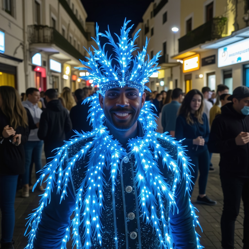 Night scene of Patras carnival featuring augmented reality visuals and drone footage showcasing technological integration in traditional festival