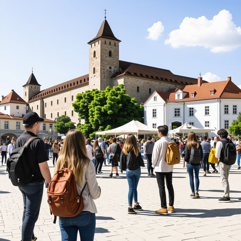 Panoramic view of Ptuj's historic castle and old town with tourists engaging in sustainable tourism activities