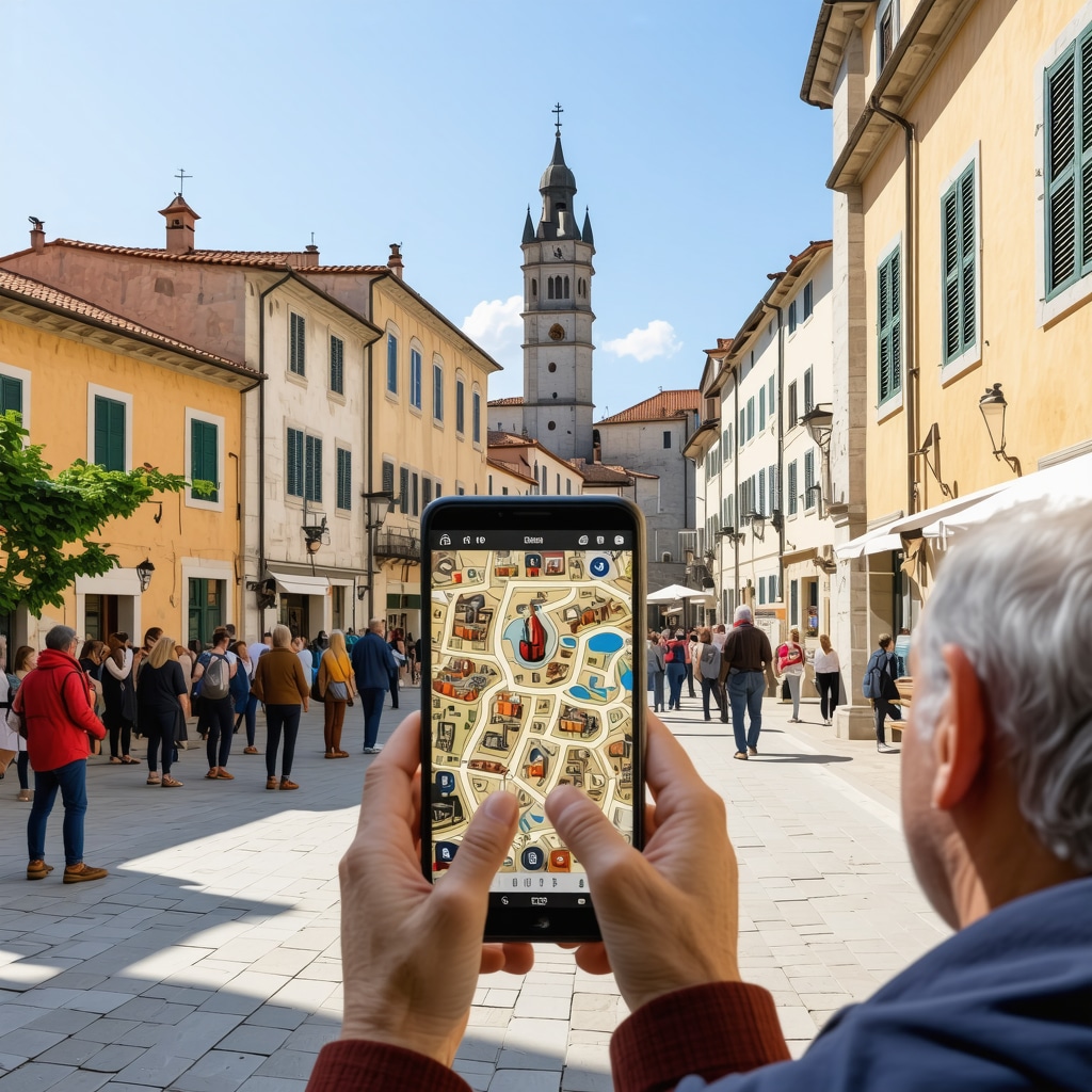 Turisti folosind aplicatii de realitate augmentata in centrul medieval al orasului Piran