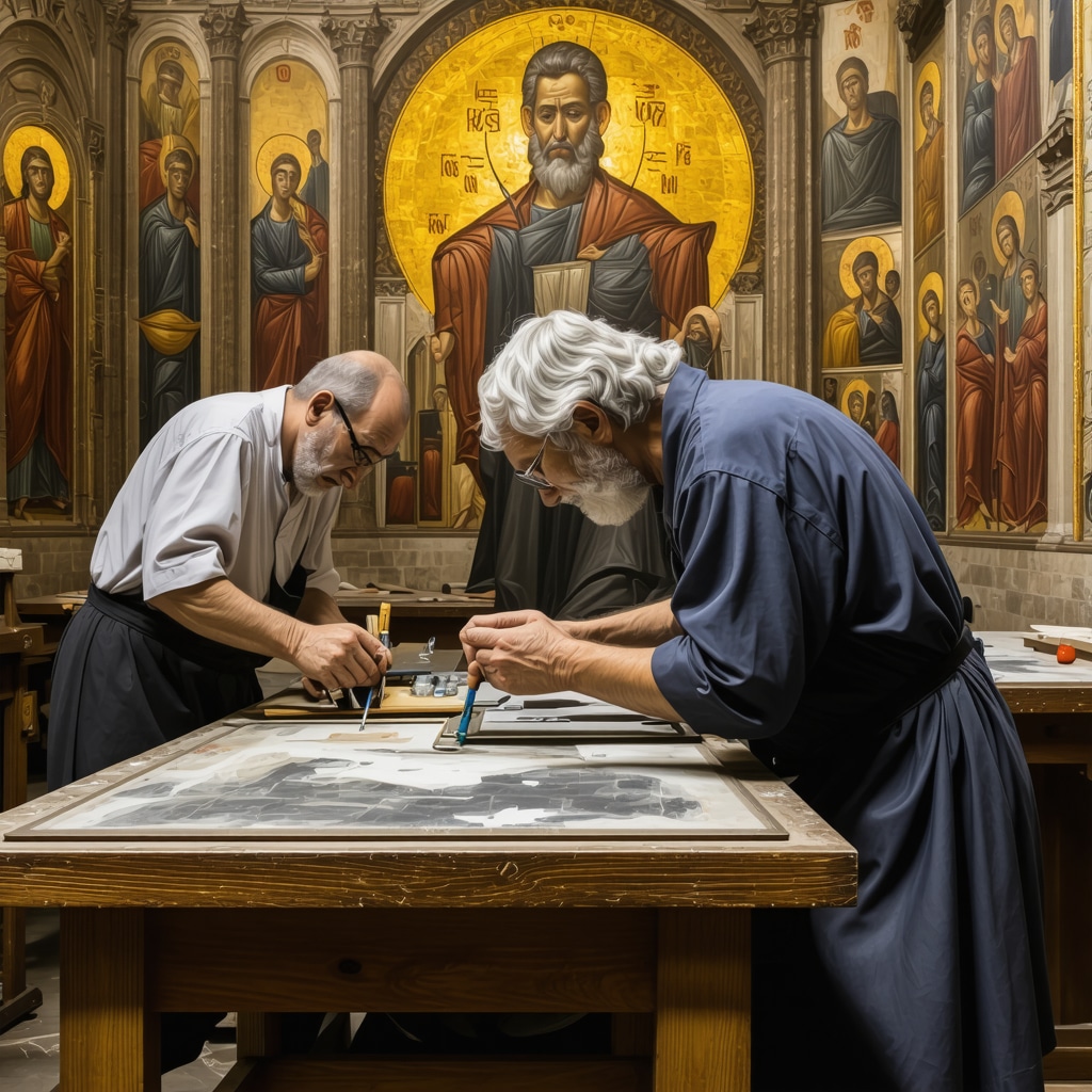Conservatori restaurând fresce bizantine în mănăstirea Gračanica utilizând tehnici moderne și materiale tradiționale