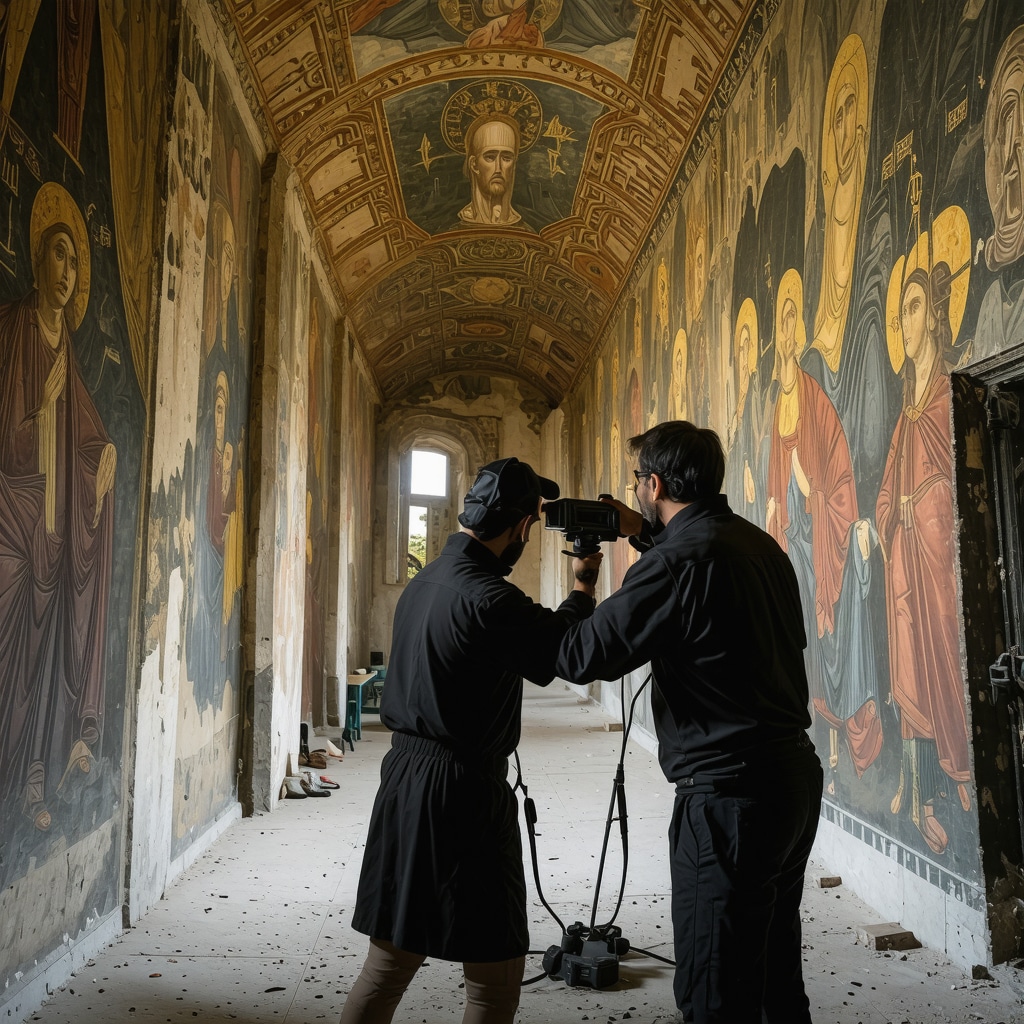 Conservator aplicând tehnologie de scanare 3D pe frescele bizantine din Mănăstirea Gračanica, Kosovo