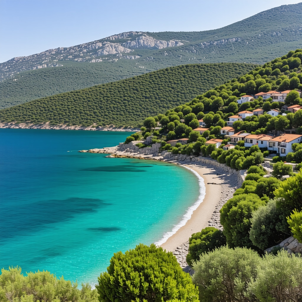Saranda coastline with crystal-clear sea, Albanian village houses, and green hills