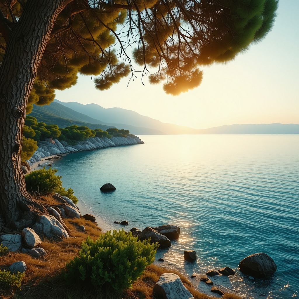 Hidden beaches and crystal-clear waters of Ksamil coastline at sunset