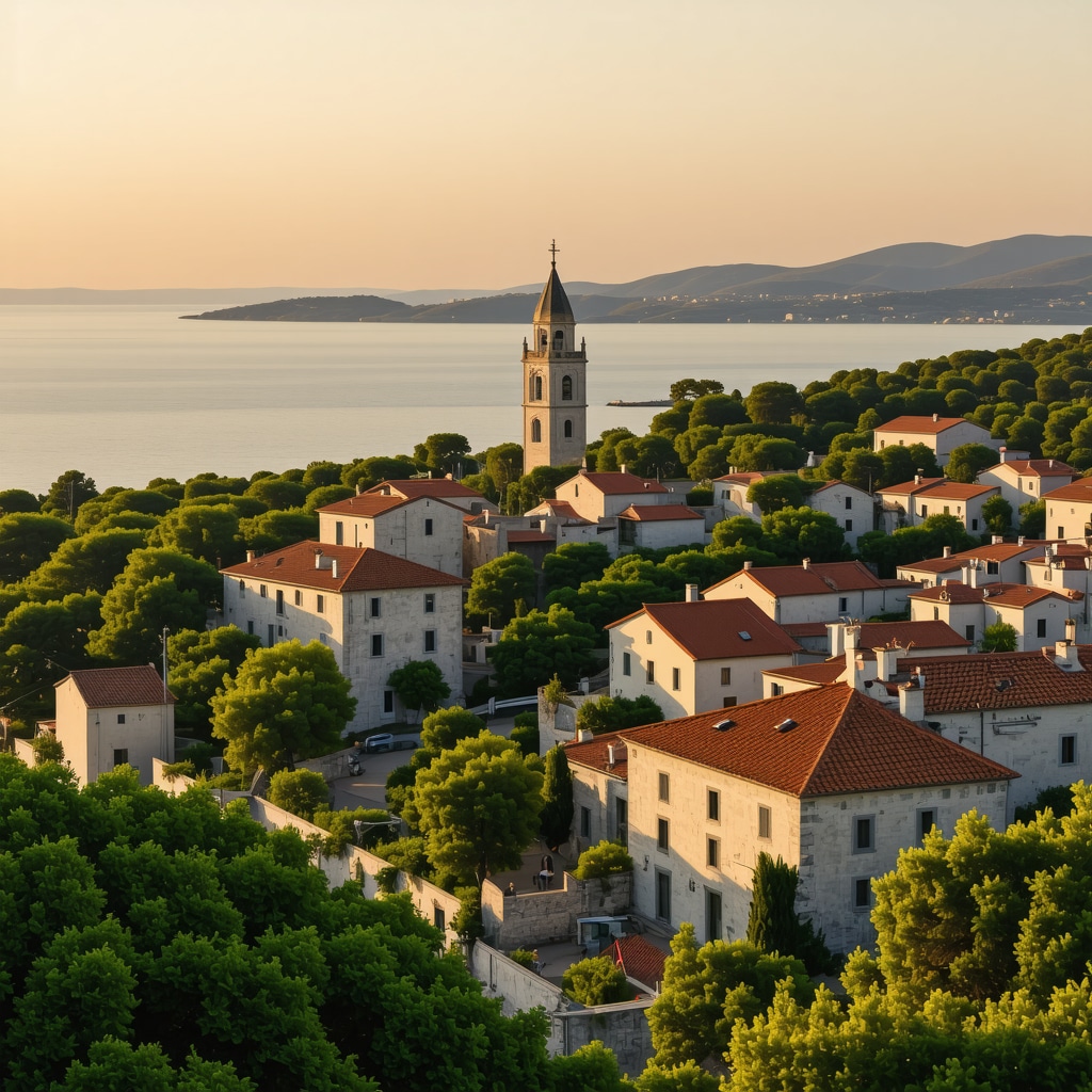 Panoramic shot of Šibenik historic buildings with green spaces and solar panels near Adriatic coast