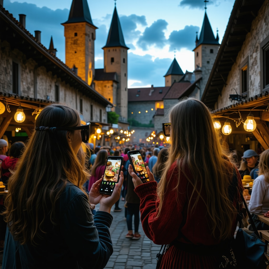Visitors at Sighișoara medieval festival interacting with augmented reality applications on smartphones amid illuminated medieval towers and traditional food stalls