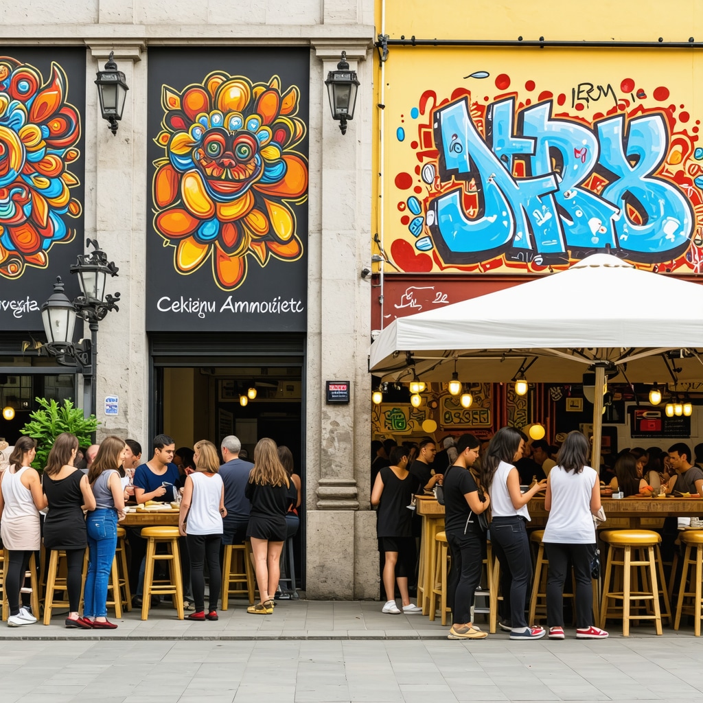 Colorful graffiti murals in Skopje with people enjoying traditional and modern Balkan food at an outdoor festival