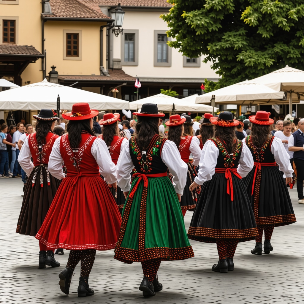 People in colorful traditional Slovenian costumes performing folk dances at a festival in a historic town square