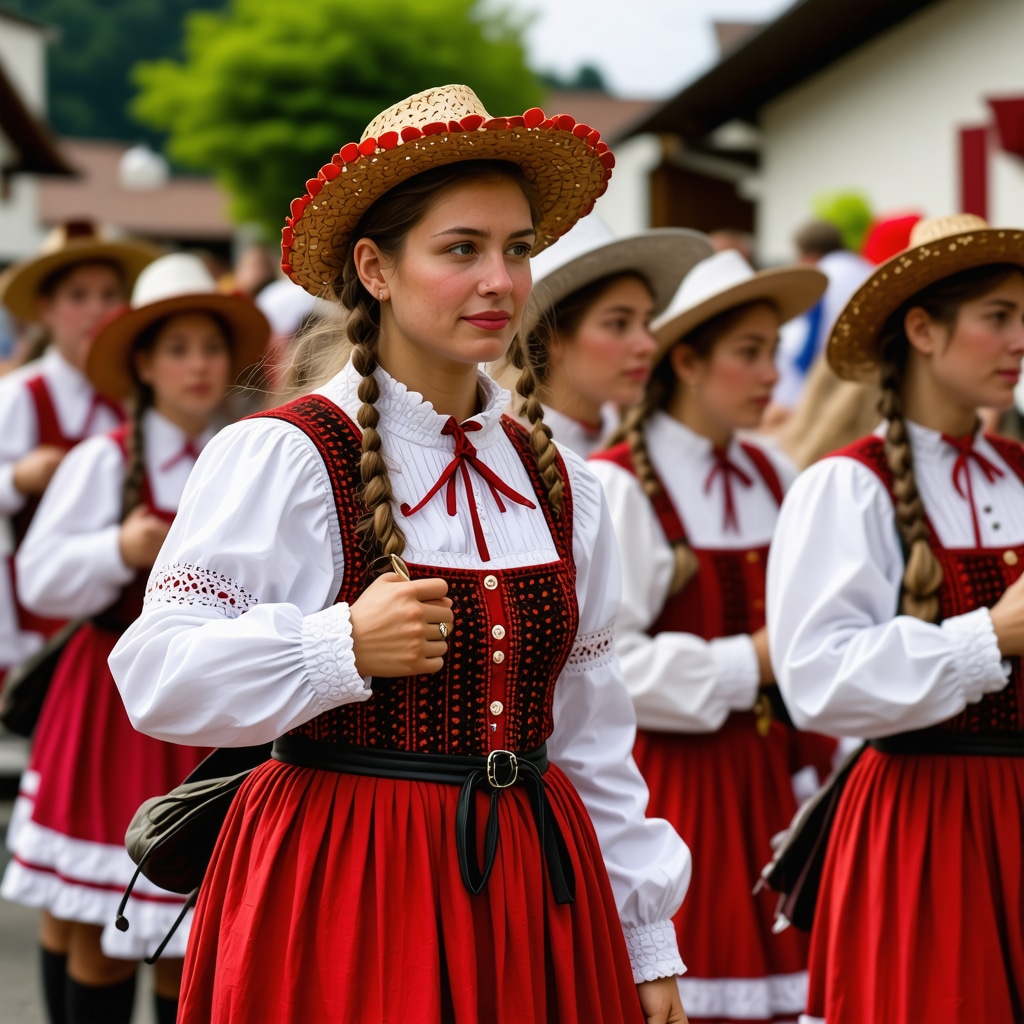 Traditional Slovenian costumes displayed alongside augmented reality elements at a village festival