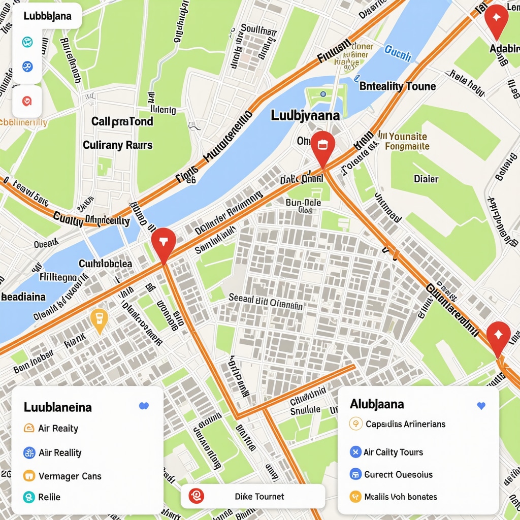 Digital map illustrating smart tourism and sustainability technologies in Ljubljana with natural and urban scenery