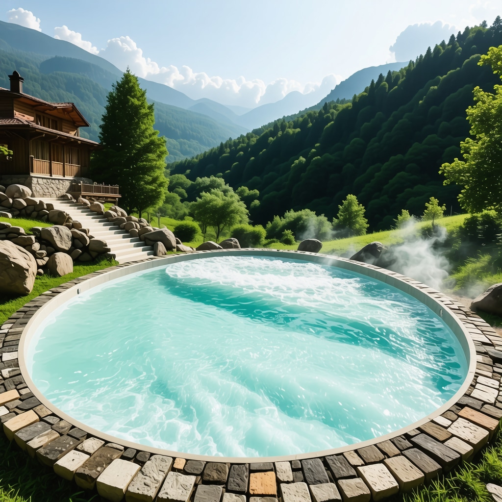 Spa scene in Sokobanja with natural mineral springs and advanced therapeutic technology amid forested mountains