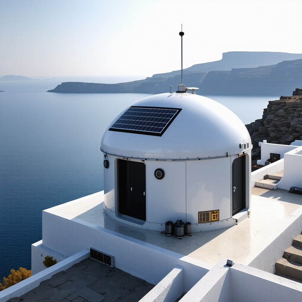 Stație high-tech de monitorizare a vulcanului în Santorini cu peisaj marin în fundal