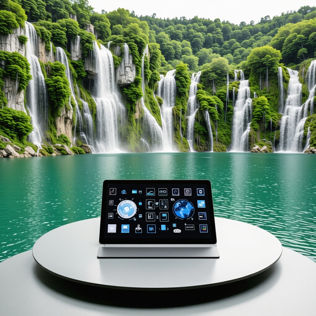 Stație de monitorizare ecologică cu senzori și ecrane digitale la Lacurile Plitvice, înconjurată de natură luxuriantă și cascade
