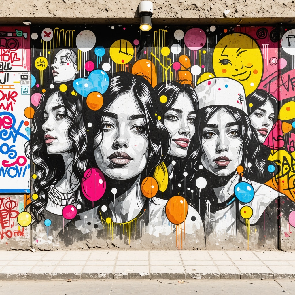 Colorful street art mural in Sarajevo showcasing multicultural influences and historical motifs