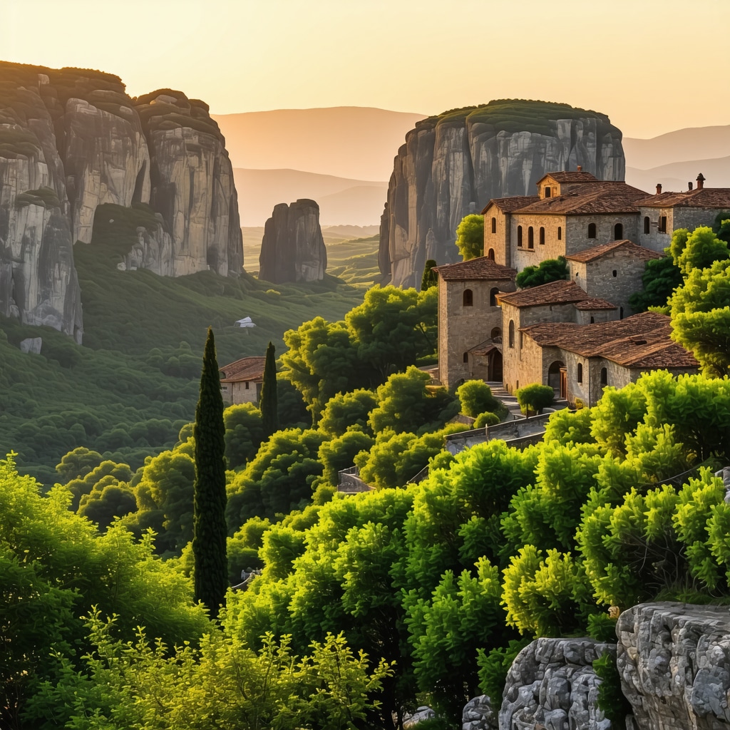 Golden sunrise illuminating Meteora monasteries on towering rocks surrounded by greenery